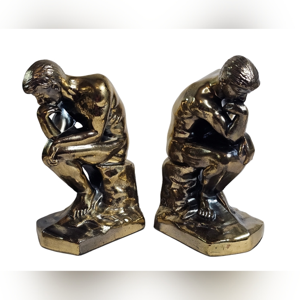 Vtg 7" Brass Finish Metal The Thinker Statue 1928 Bookends Art Deco Sculpture